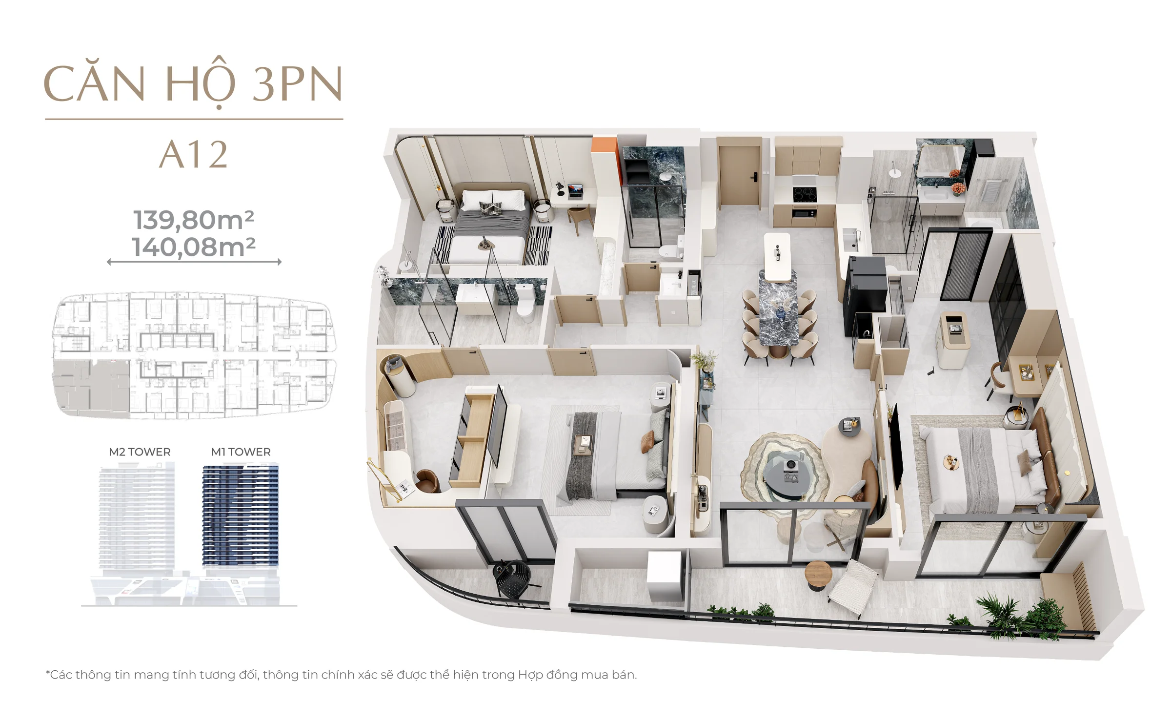 3 Bedroom Apartment for Sale at The Meridian Da Nang. 3 bedroom type at The Meridian is suitable for a big family with size from 120sqm. The apartment has a big living room , spacious master bedroom, private loggia and an open kitchen and owners can enjoy the panorama view from their apartment. Beside, the apartment is also suitable for rent which bring a stable cashflow for owners.