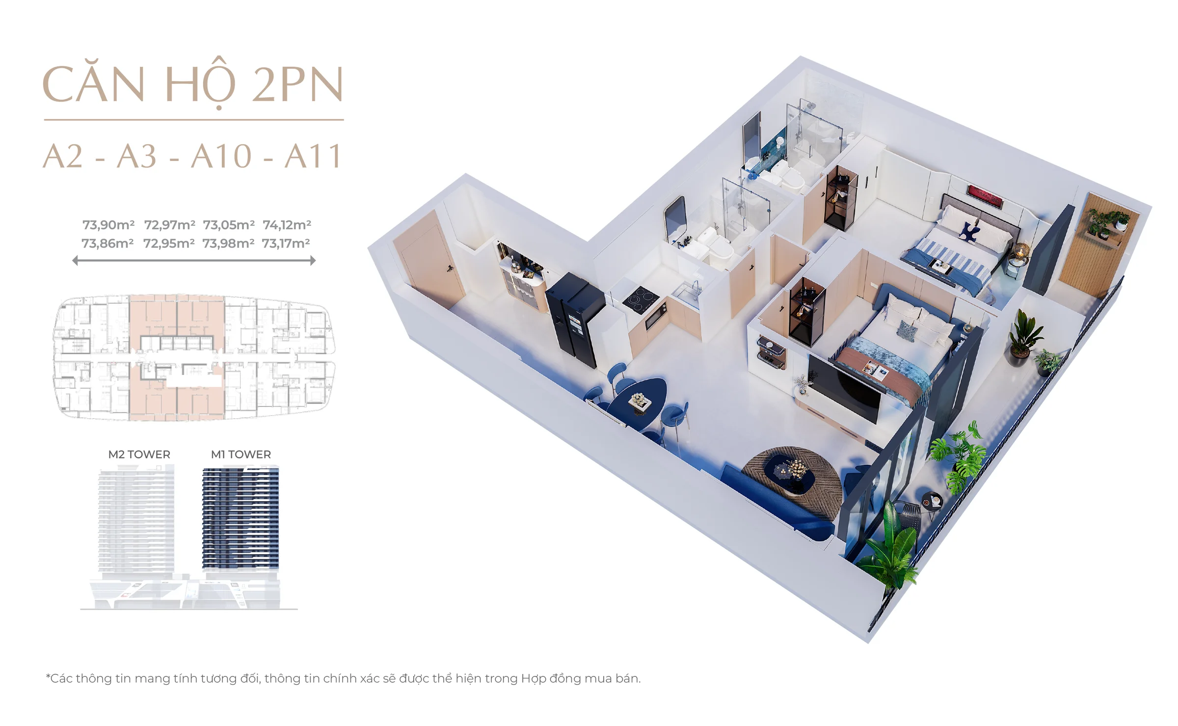 2 Bedroom for Sale at The Meridian project. 2 bedroom type at The Meridian is suitable for a family with size from 70sqm. The apartment has a big living room and an open kitchen. Beside, the apartment is also suitable for rent which bring a stable caashflow for owners